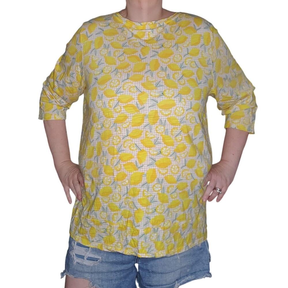 Lands' End Size 2X Slubbed Swing Tunic Top Cotton Modal Yellow Lemon Check